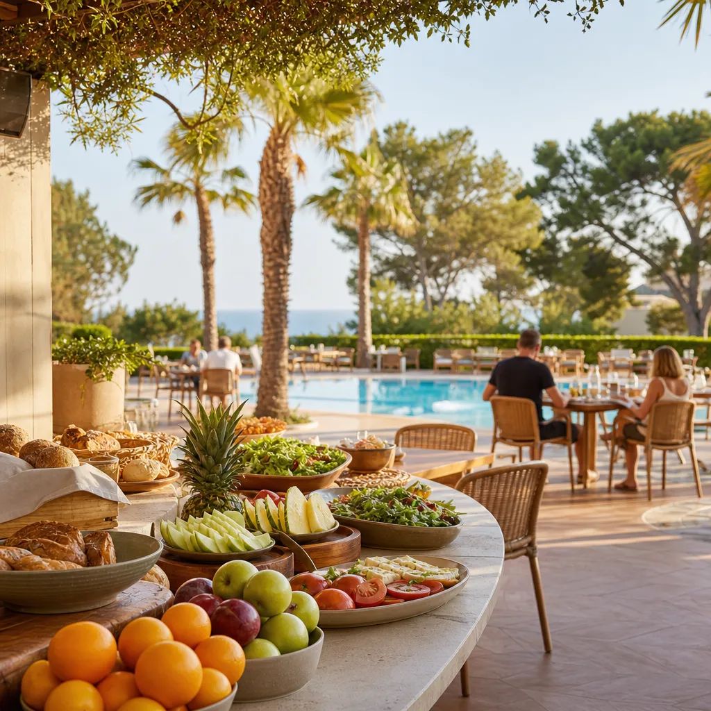 Frukostbuffé med frukt och sallader på en solig hotellterrass vid poolen