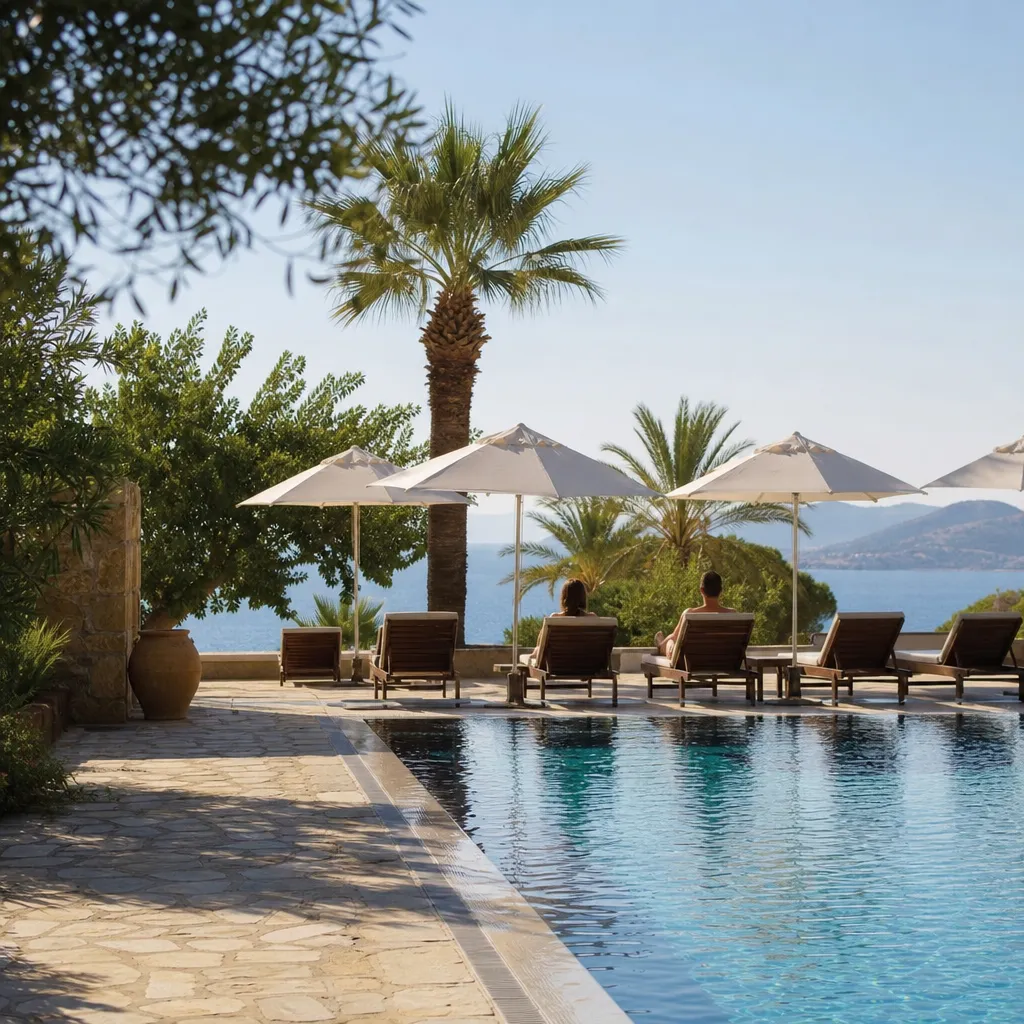 Hotellpool med solstolar och parasoll vid Medelhavet en solig eftermiddag
