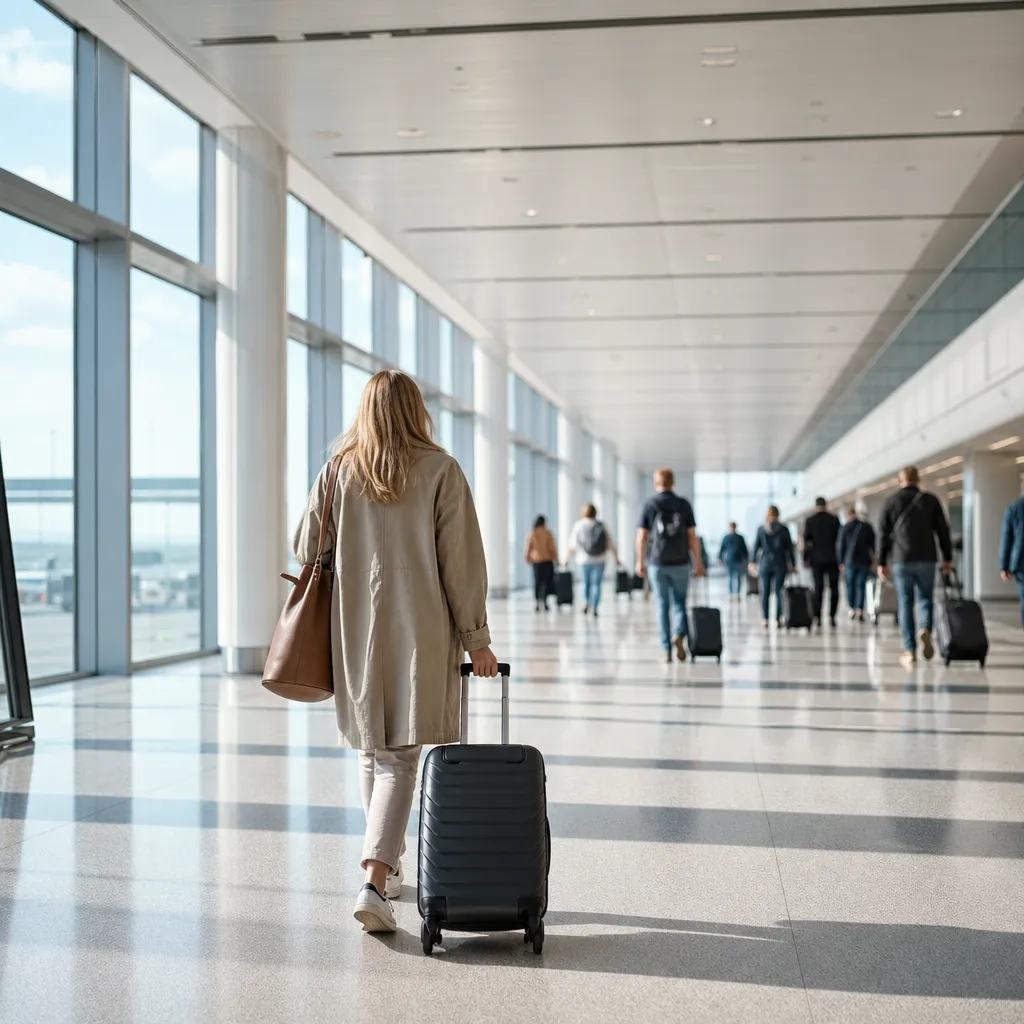 Ljus flygplatsterminal med resenärer som drar resväskor mot gates