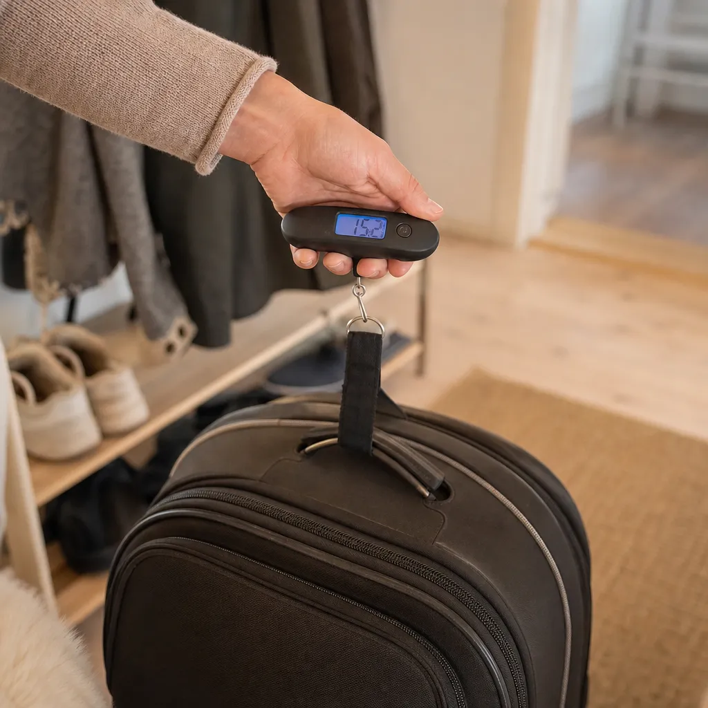 Person väger en packad resväska hemma med en handhållen bagagevåg