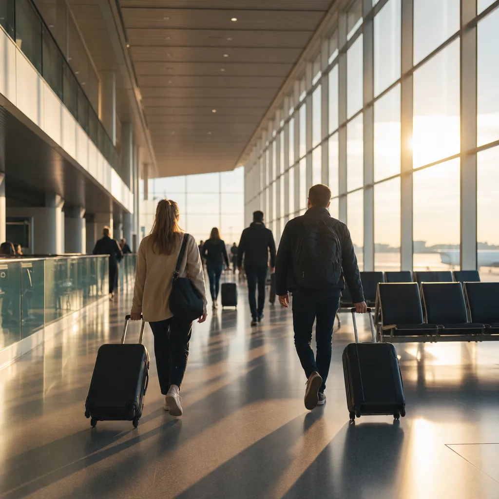 Resenärer med resväskor på väg genom en flygplatsterminal i morgonljus