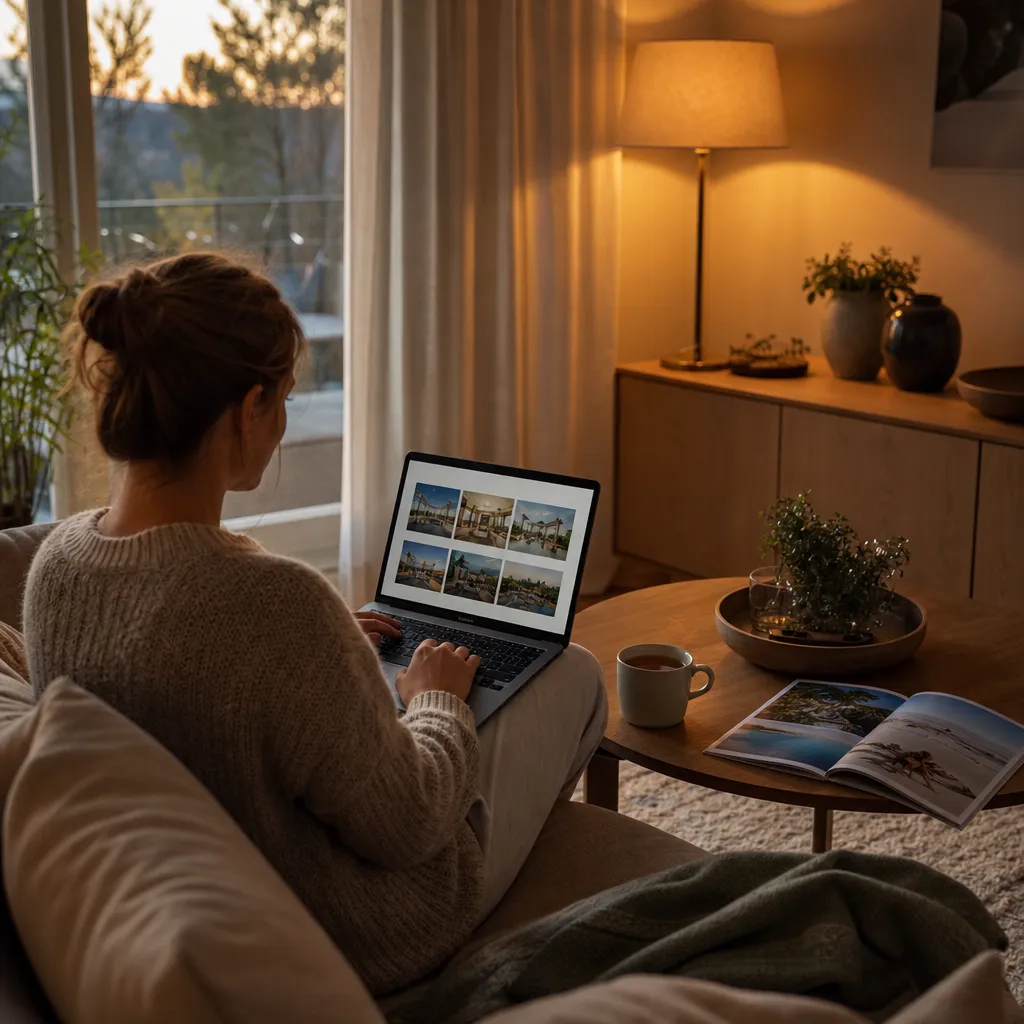 Person jämför hotellalternativ på laptop hemma i soffan en kväll