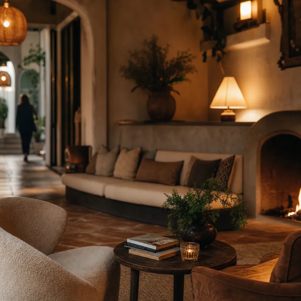 Varm och inbjudande boutiquehotell-lobby med mjuka texturer och levande ljus