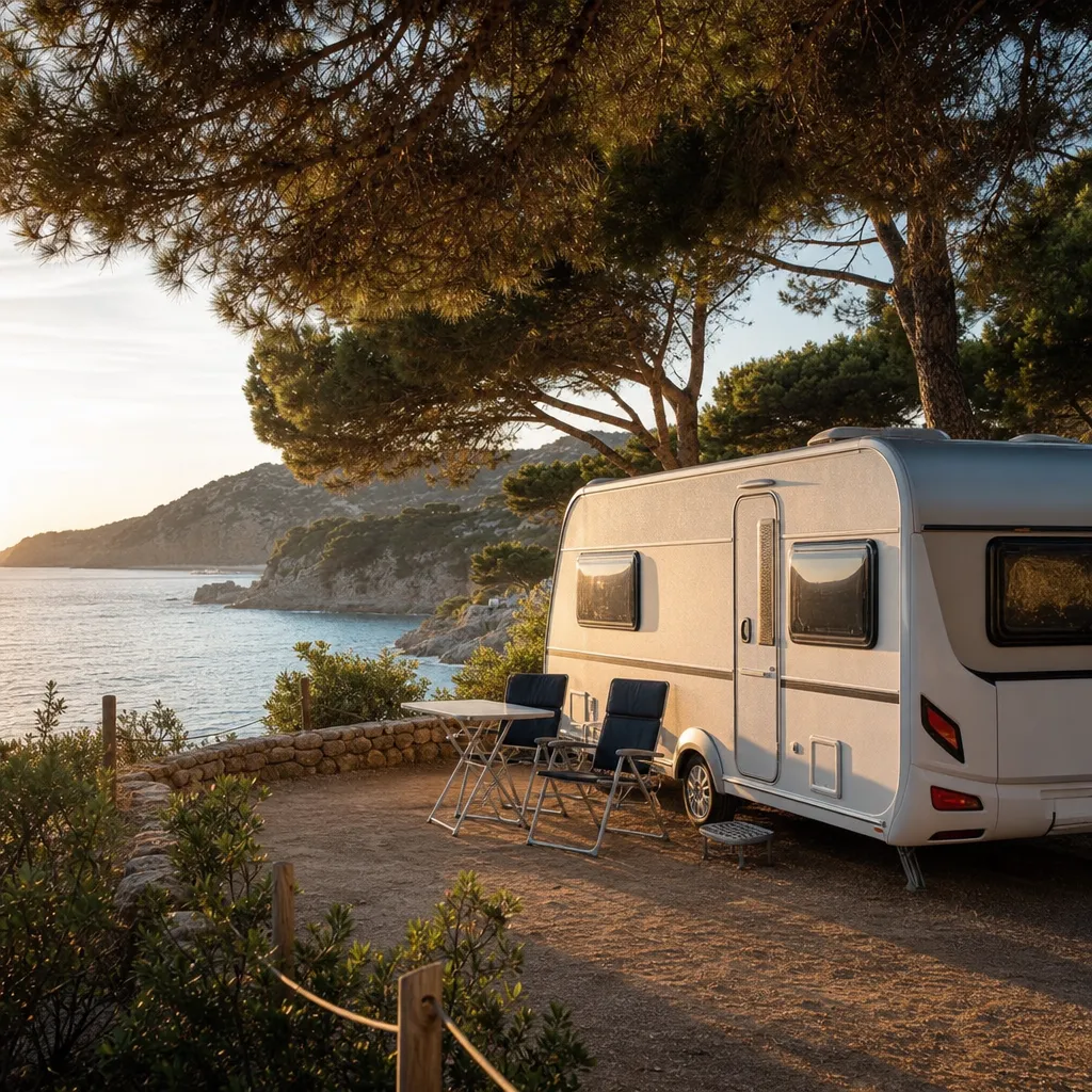 Husvagn parkerad på en solig, kustnära campingplats vid Medelhavet i södra Europa