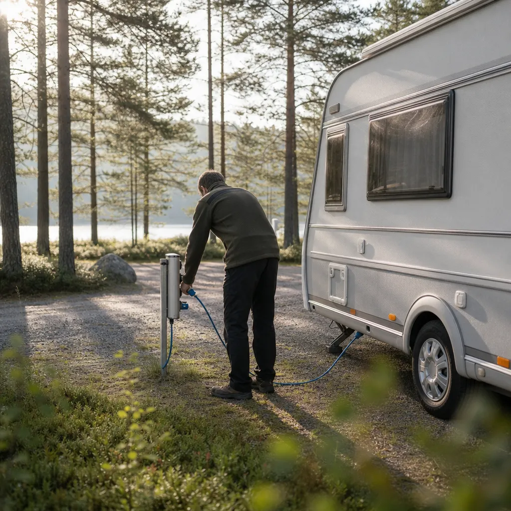 Husvagnsresenär ansluter en blå CEE-elkabel vid en elstolpe på en skogsnära campingplats