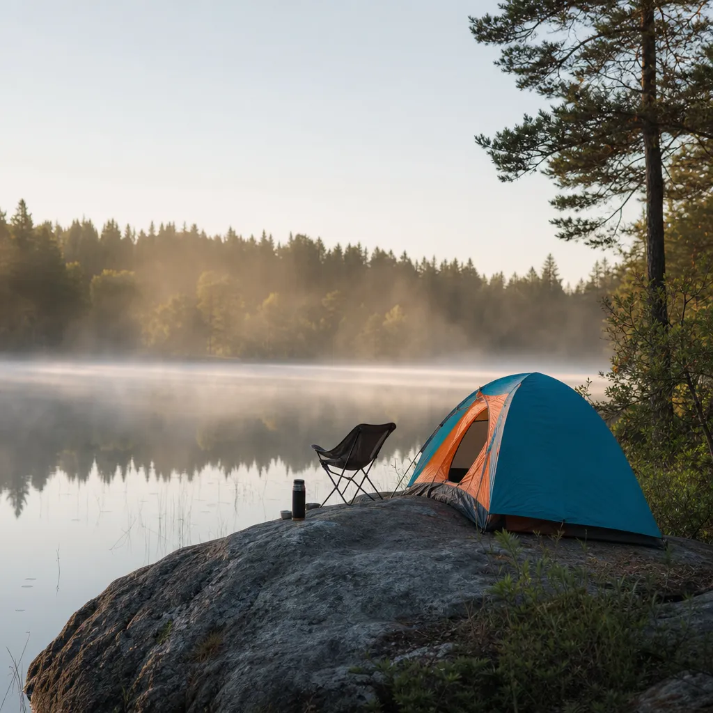 Tält uppslaget på en klippa vid en lugn svensk insjö i morgondis