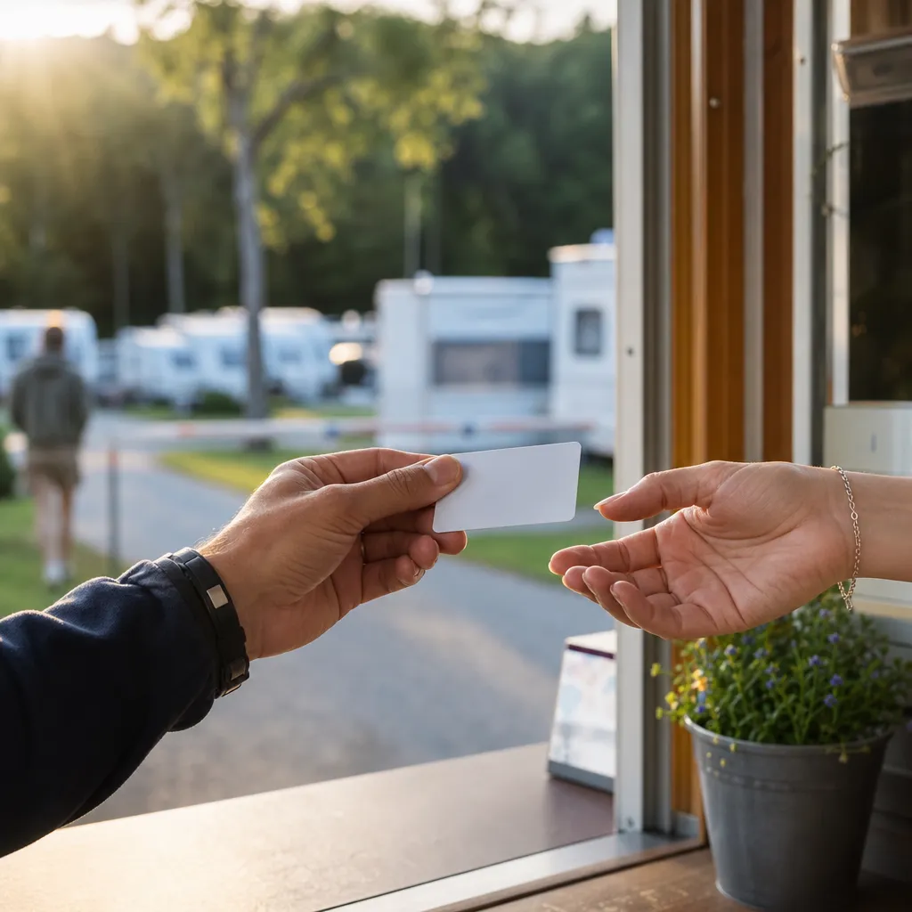 Frivilligt campingkort räcks över mellan gäst och receptionist vid incheckning på en campingplats