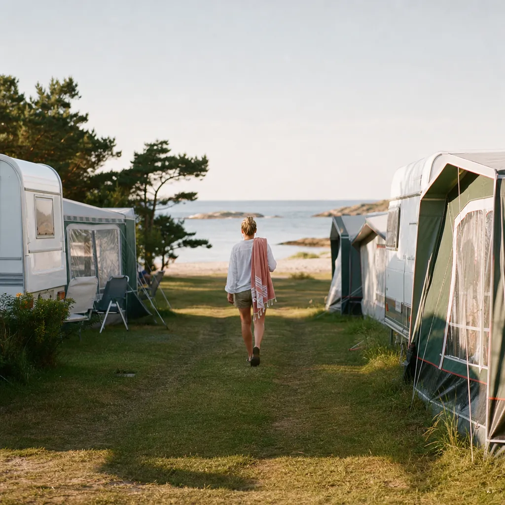 Kustnära campingplats med husvagnar och förtält i sommarljus