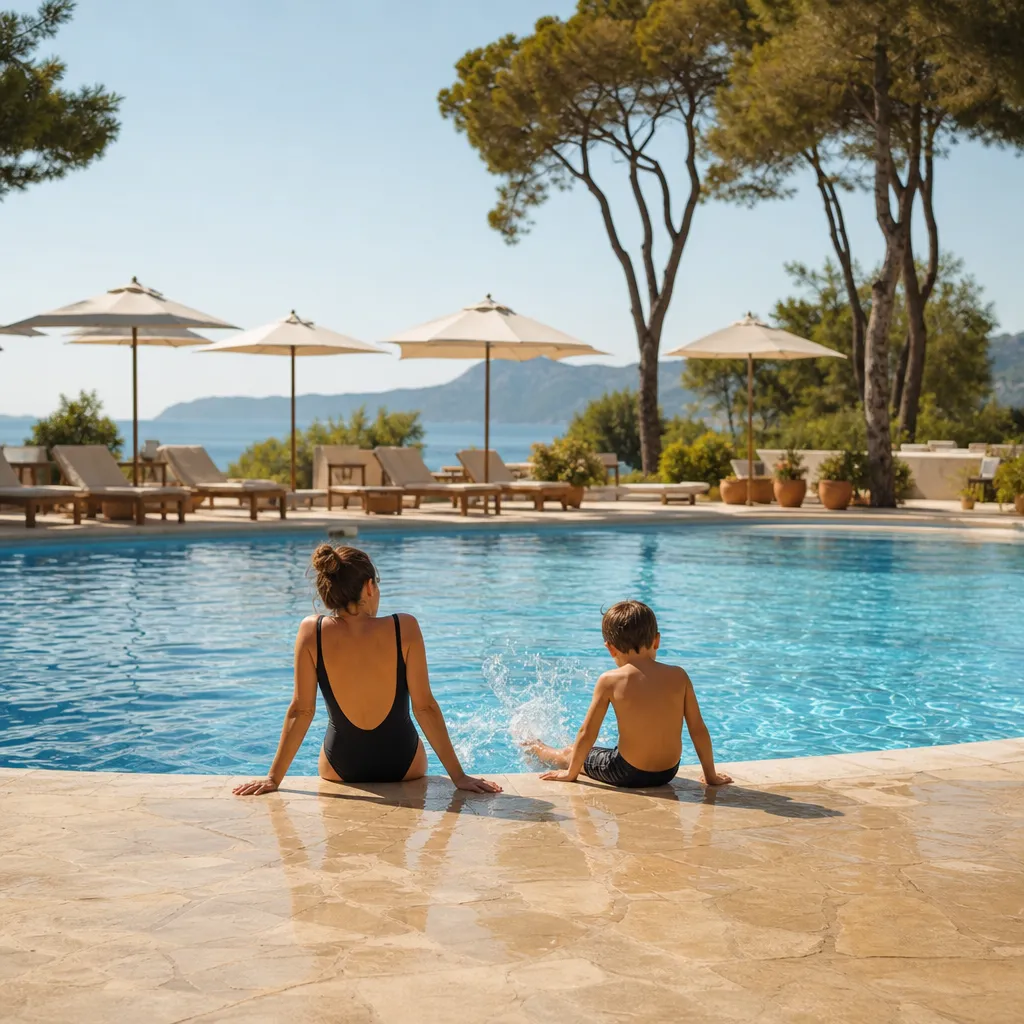 Förälder och barn sedda bakifrån vid poolkanten på ett semesterhotell med solstolar och parasoller