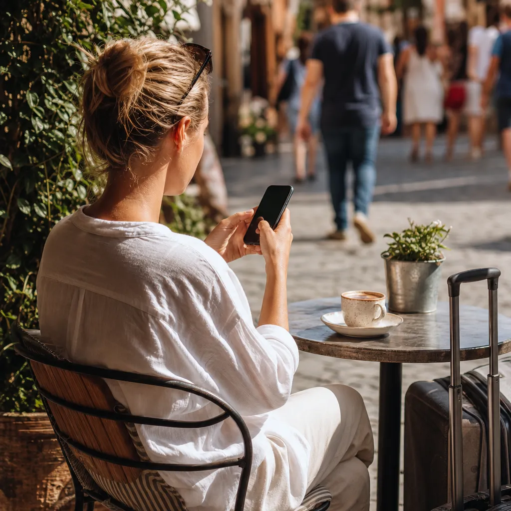 Resenär kopplar upp mobilen på ett utomhuscafé kort efter ankomst till resmålet