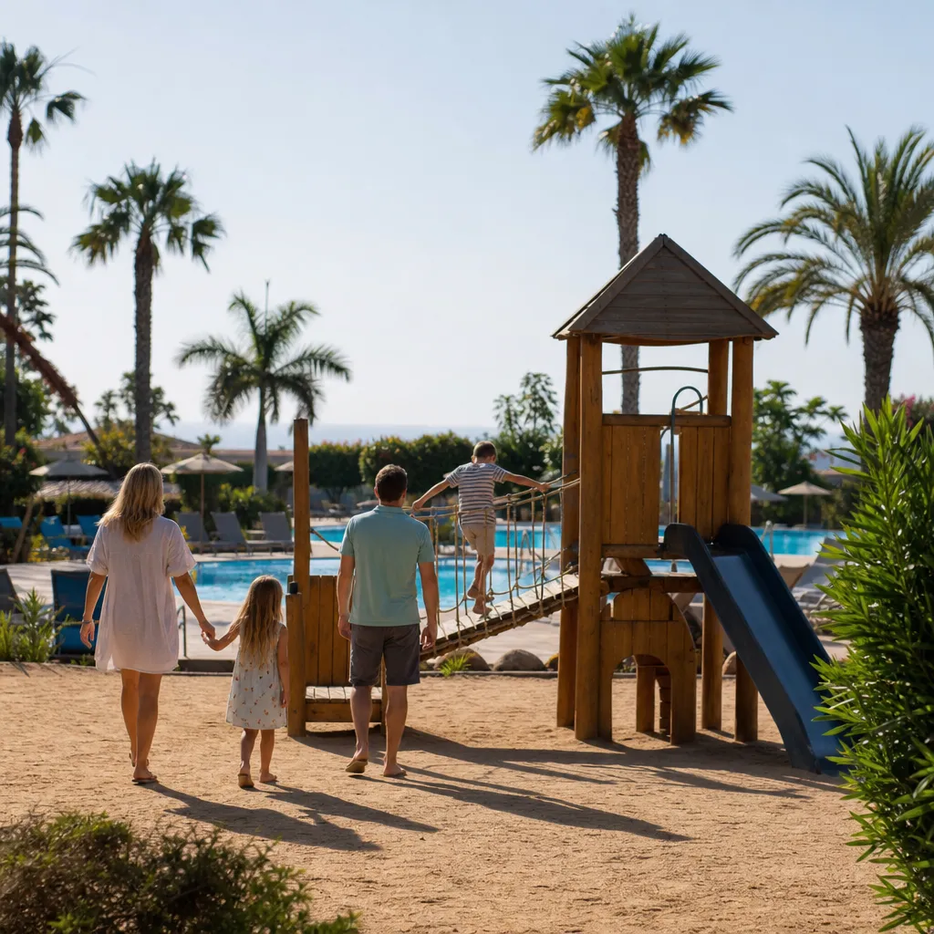 Familj med barn på solig lekplats vid ett hotellområde med pool i bakgrunden