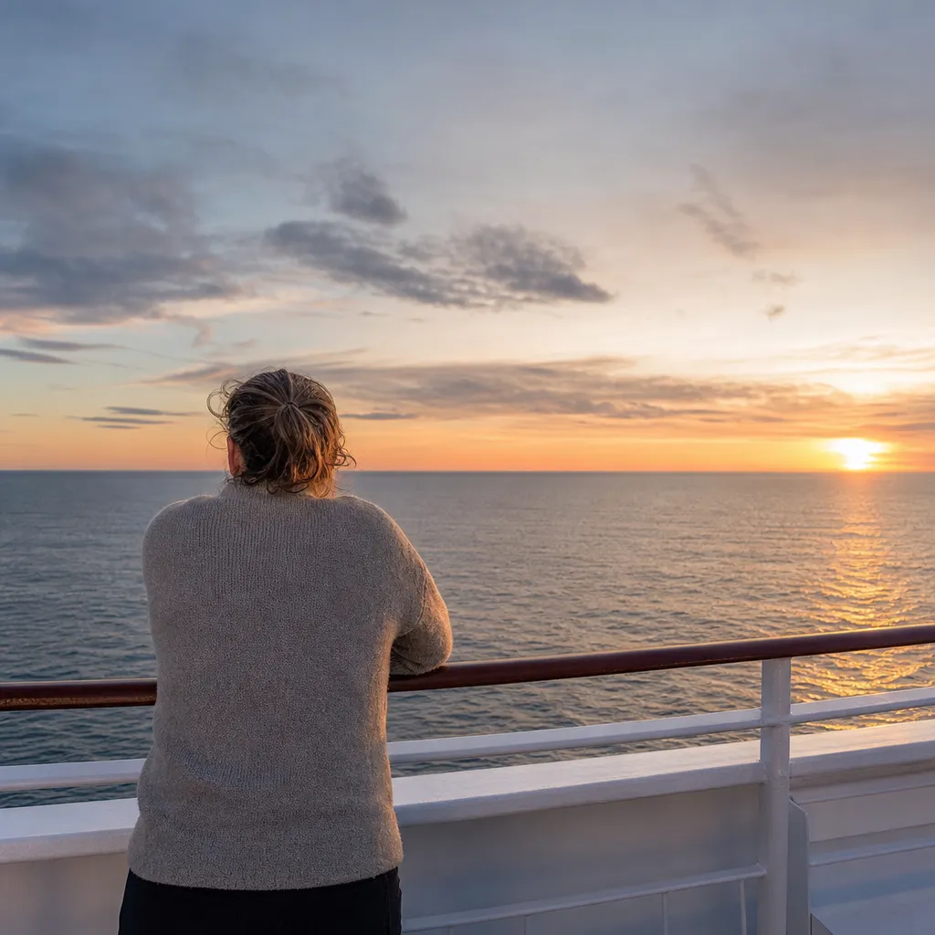 Person sedd bakifrån som blickar ut över havet från ett färjedäck i kvällsljus