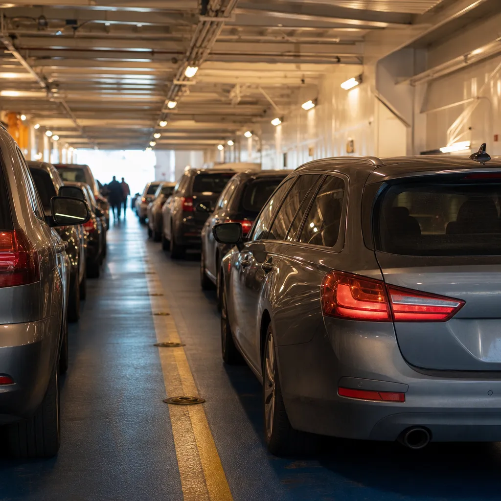 Bildäck ombord på en färja med parkerade fordon i mjukt inomhusljus