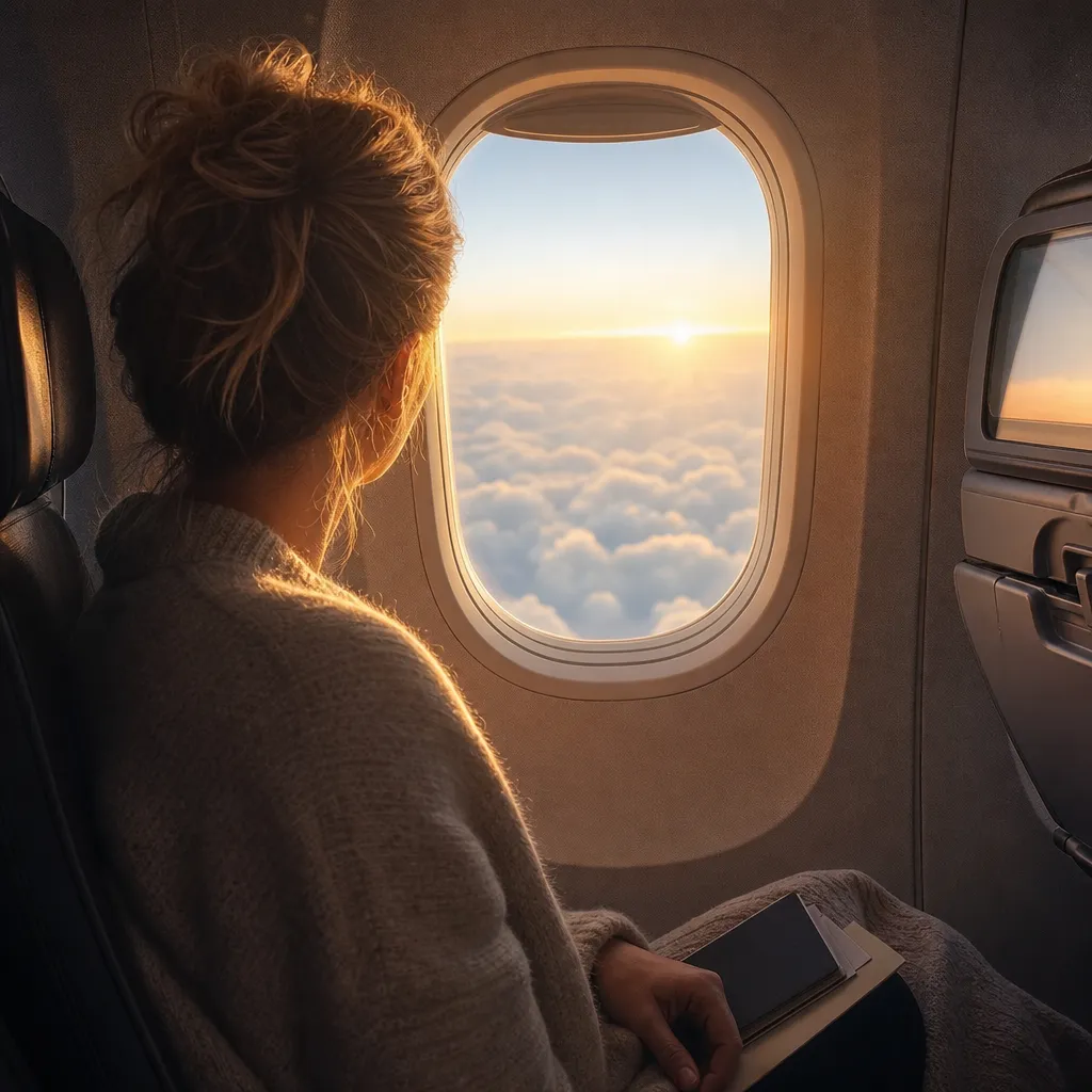 Resenär tittar ut genom flygplansfönster mot molnen i morgonljus