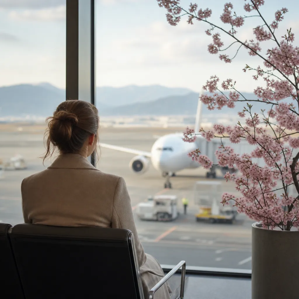 Resenär sedd bakifrån tittar ut mot ett flygplan från en flygplatsterminal, med en gren körsbärsblommor i förgrunden