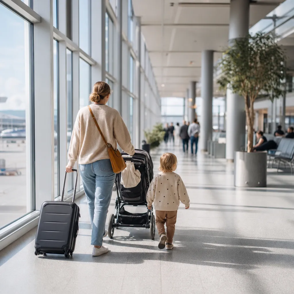 Förälder och litet barn sedda bakifrån går genom en ljus flygplatsterminal med kabinväska och barnvagn
