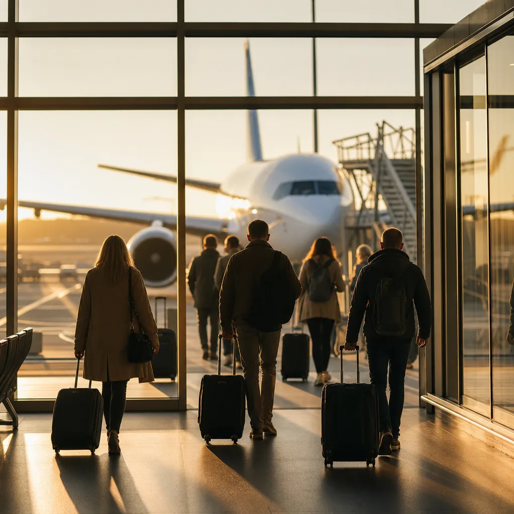 Resenärer med handbagage på väg mot en flygplansdörr i morgonljus