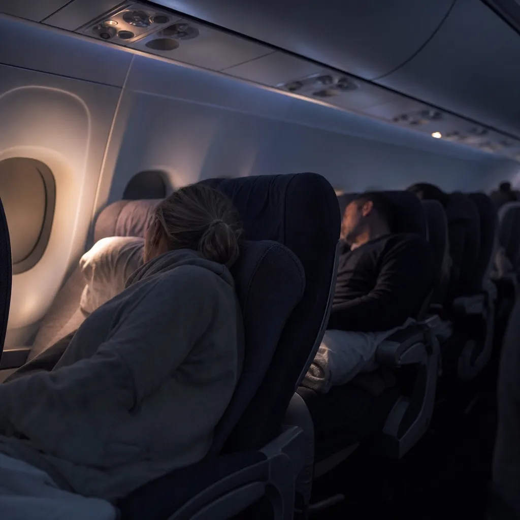 Flygplanskabin med resenärer under ett nattligt långflyg