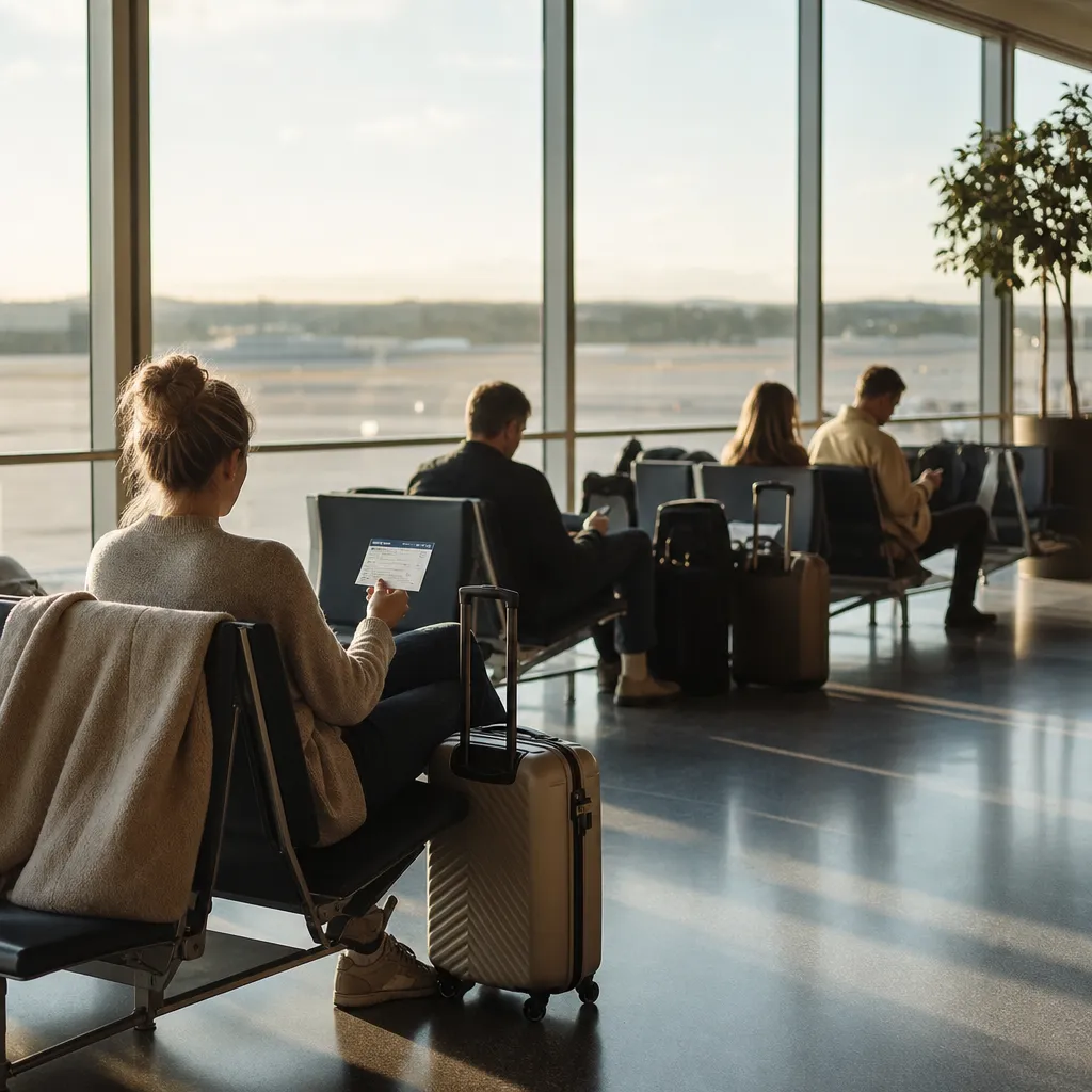 Resenärer väntar vid en gate på en flygplats med kabinväskor och boardingpass i handen