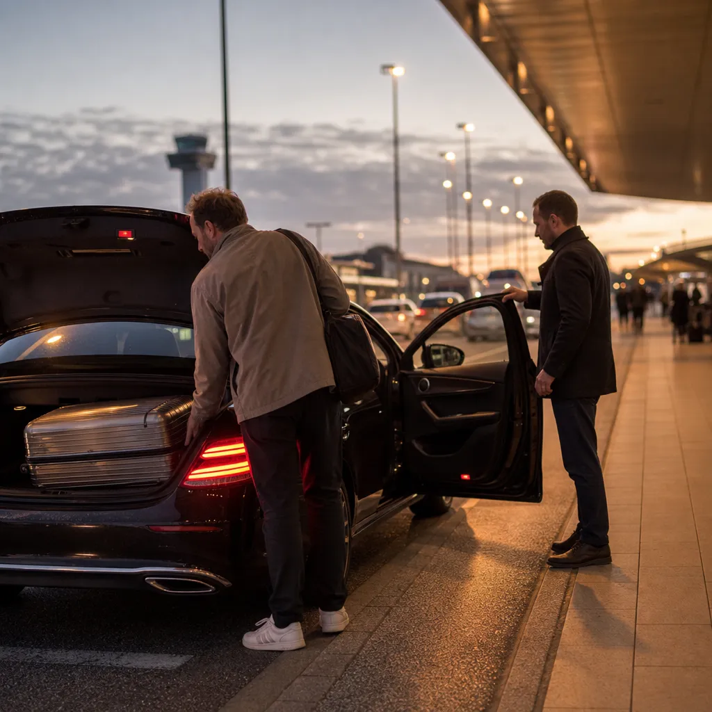 Resenär lastar in resväska i en väntande privatbil utanför en flygplatsterminal