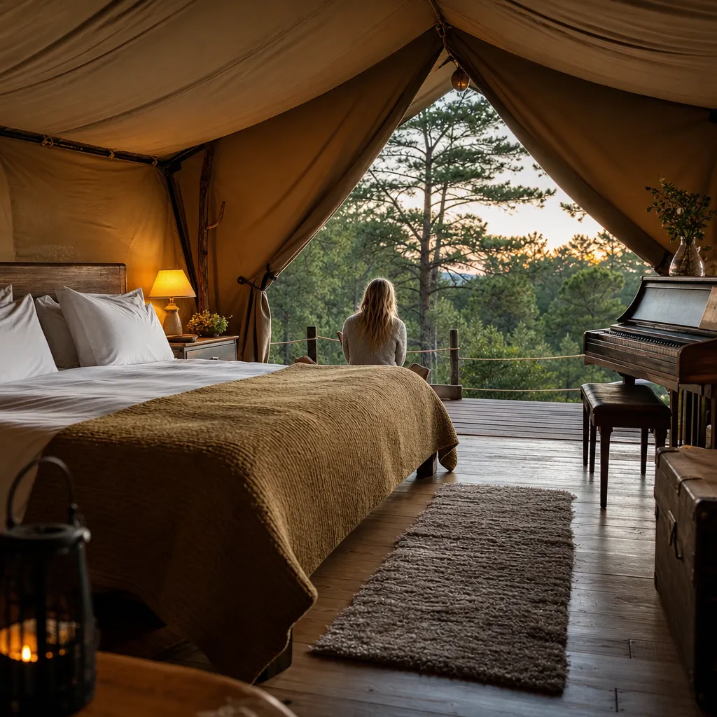 Ljust och lyxigt inrett safaritält för glamping i skogsmiljö med riktig säng och utsikt mot naturen