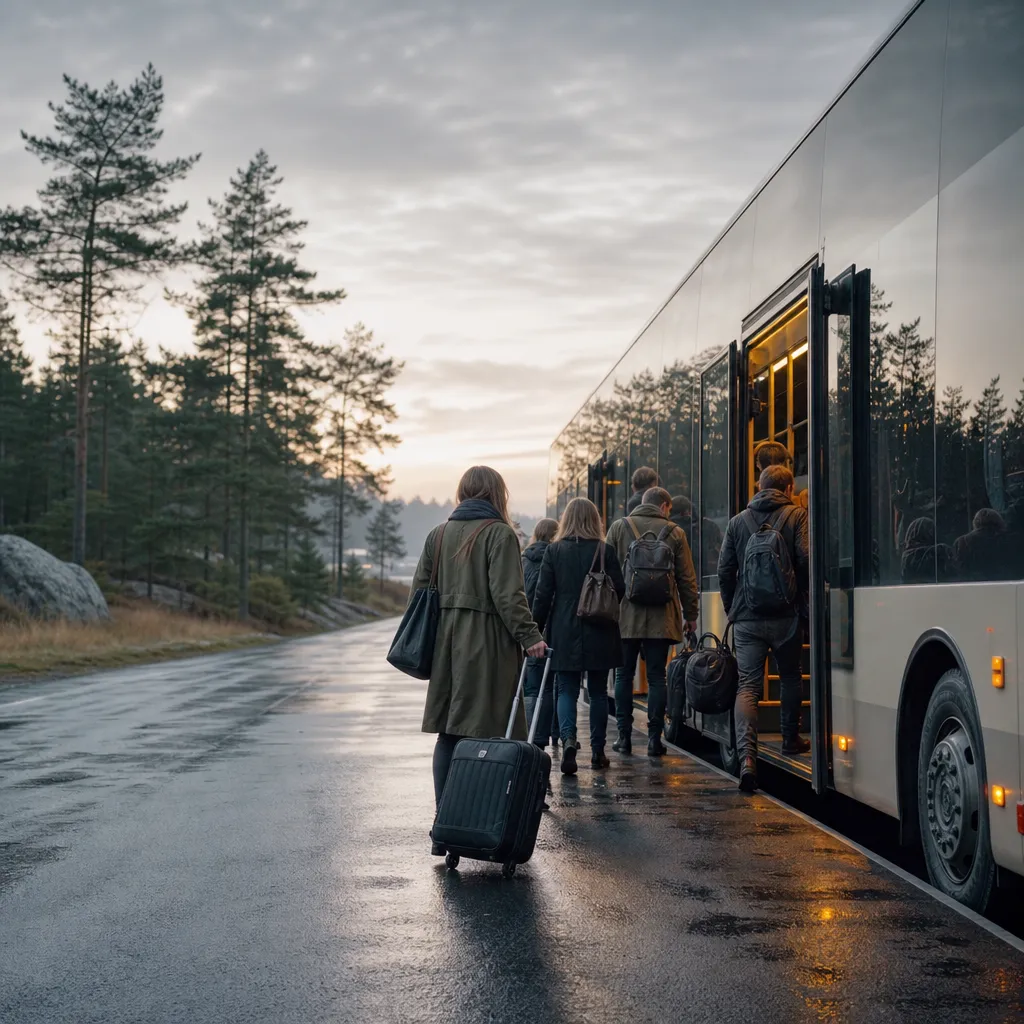 Resenärer kliver på en flygbuss utanför en avgångshall i gryningsljus
