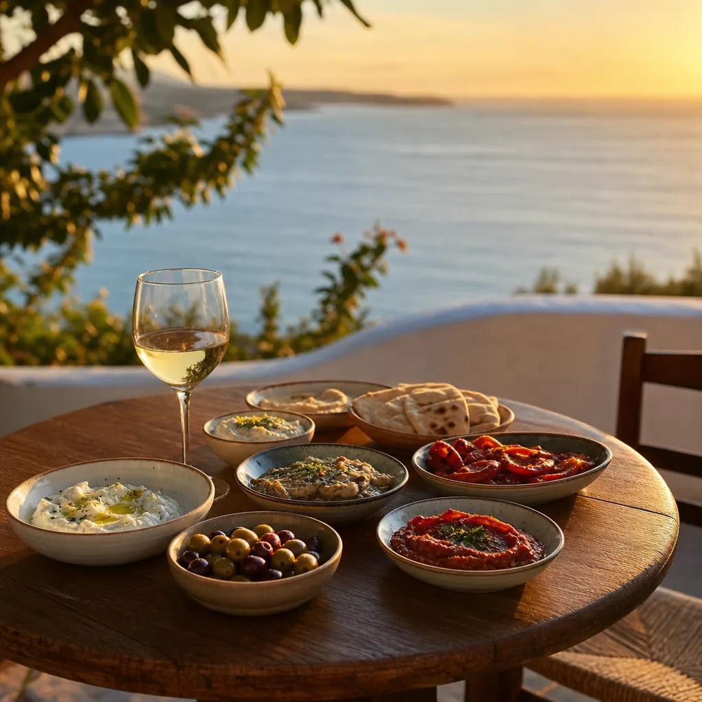 Ett bord på en grekisk taverna dukat med mezze-rätter, oliver och ett glas vin med havsutsikt i kvällsljus