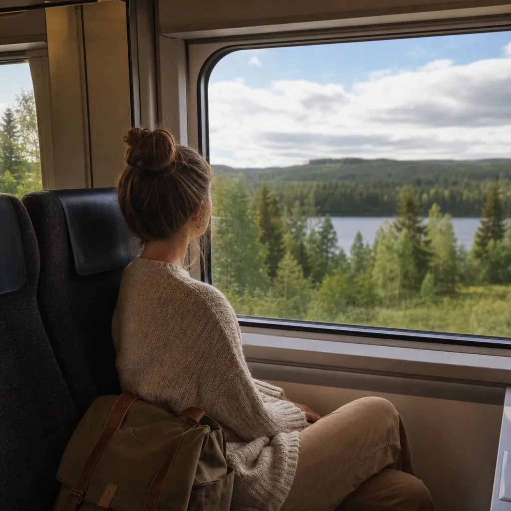 Resenär tittar ut över ett skogs- och sjölandskap från ett tågfönster
