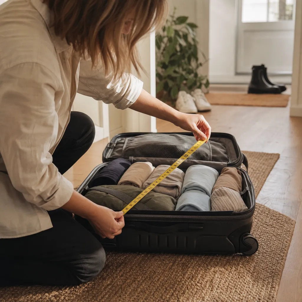 Person mäter och packar en kabinväska hemma inför en flygresa
