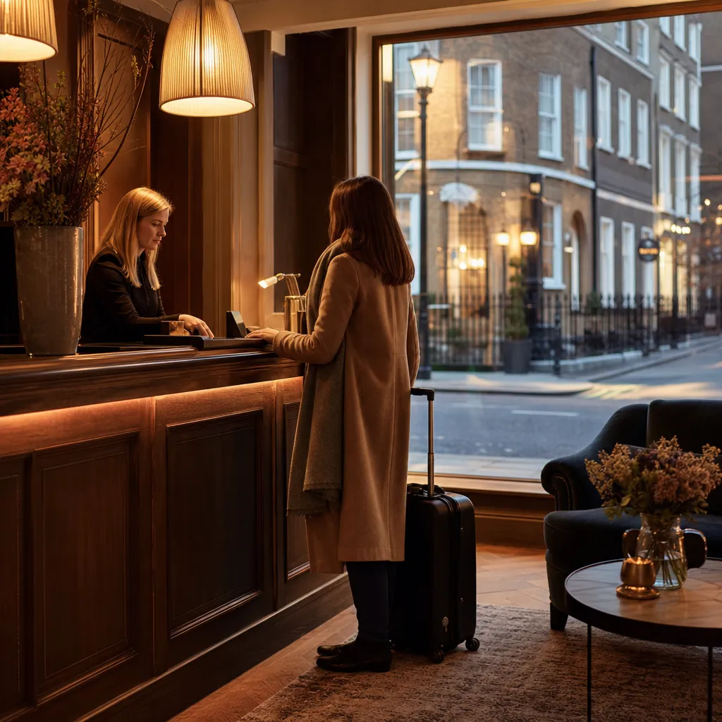 Resenär checkar in med resväska på ett hotell med utsikt mot en lugn Londongata