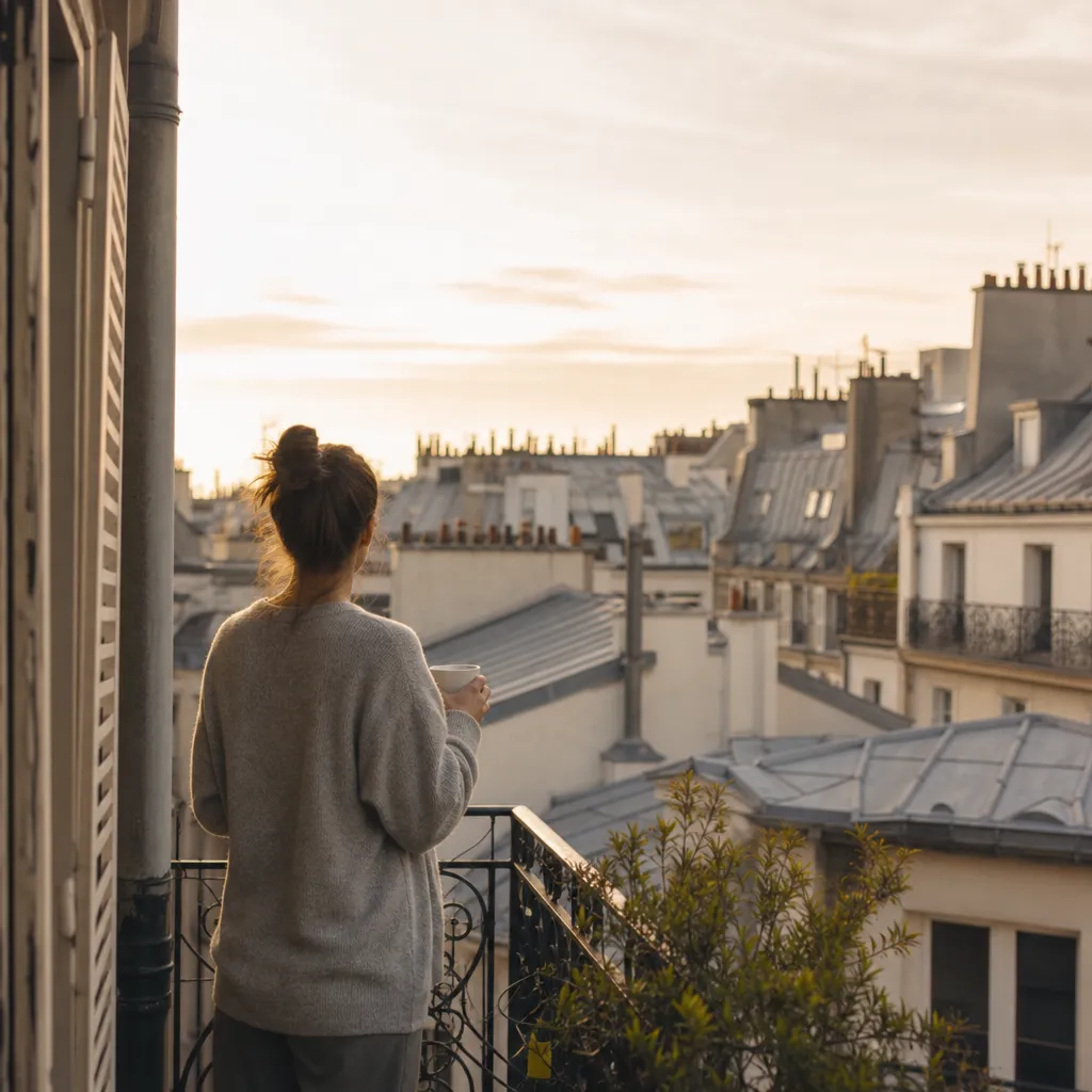 Resenär med kaffekopp tittar ut över parisiska taklandskap från en hotellbalkong tidig morgon