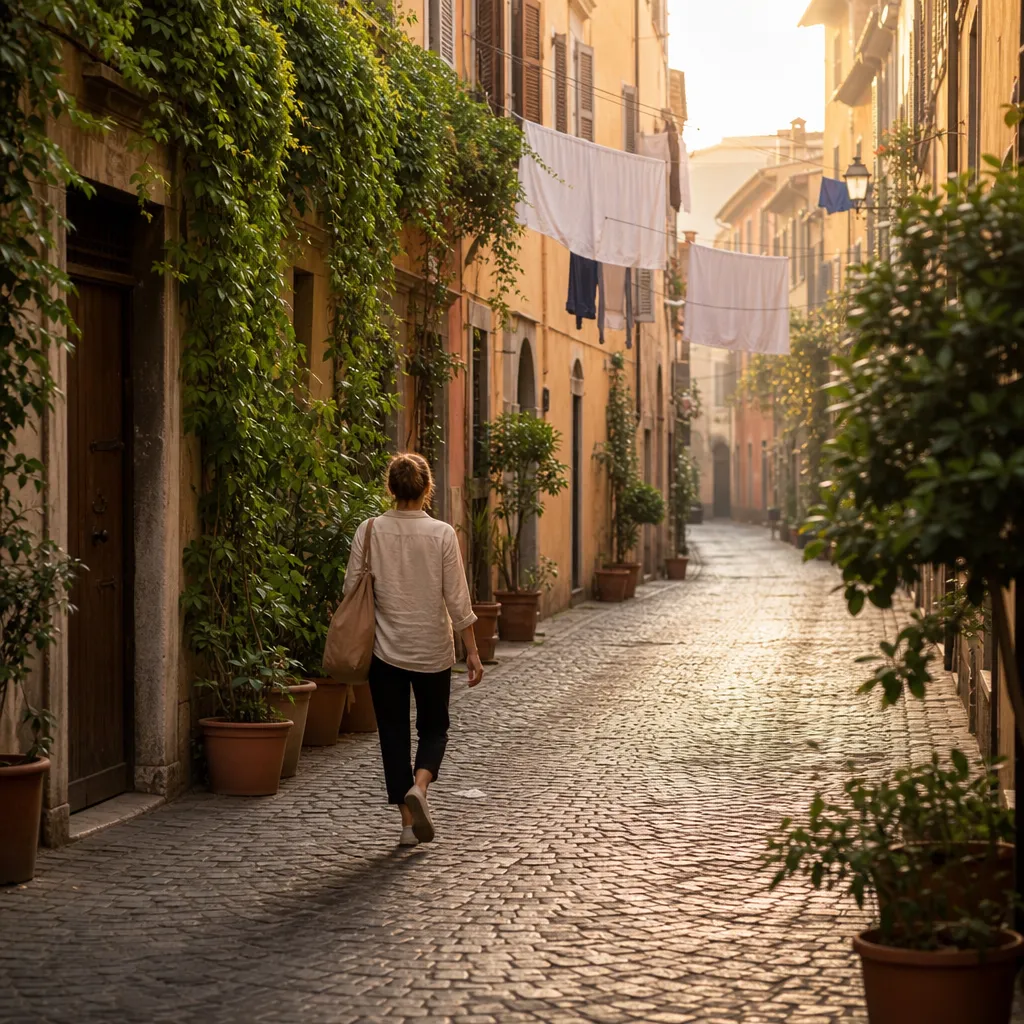 Resenär går längs en kullerstensgränd i en italiensk stadsdel i varmt morgonljus