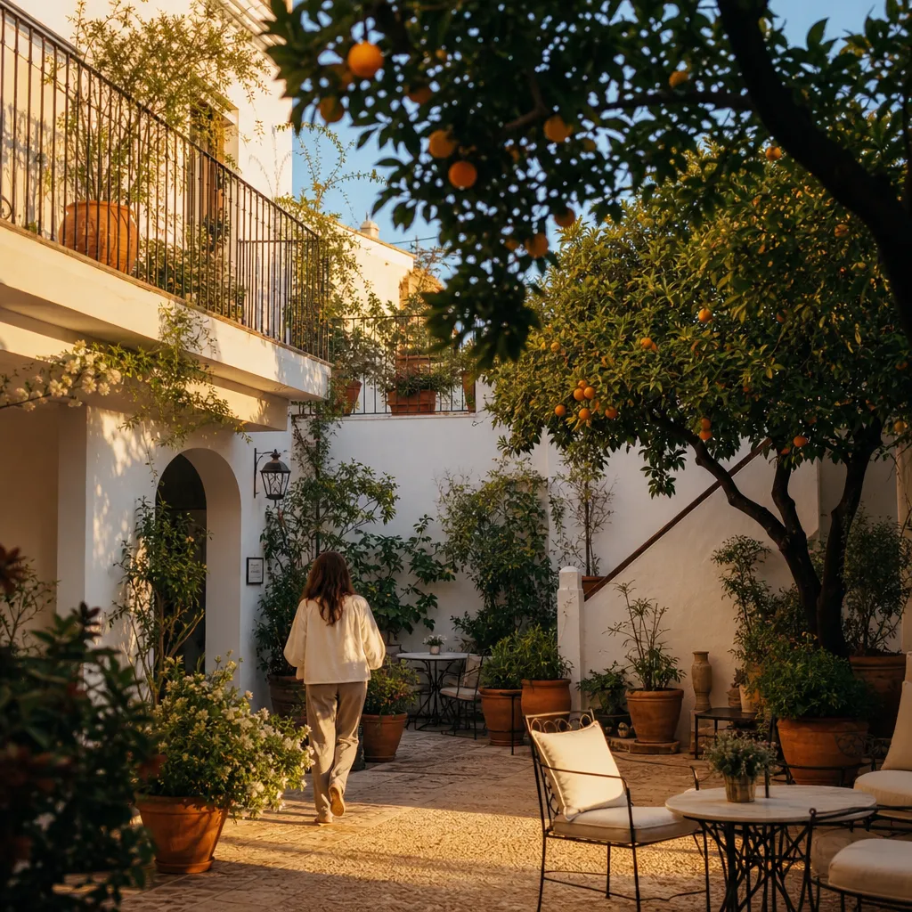 Solig innergård på ett spanskt boutiquehotell med vitkalkade väggar och krukväxter