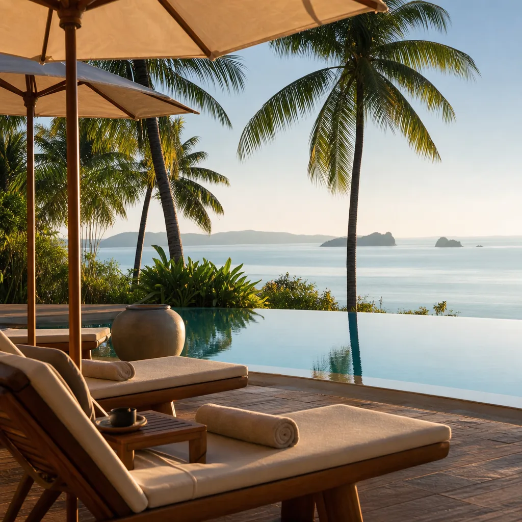 Poolterrass på ett tropiskt hotell i Thailand med palmer och havsutsikt