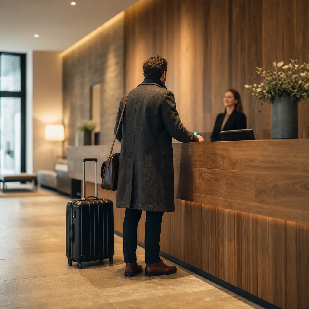 Resenär checkar in med resväska vid en varmt upplyst hotellreception