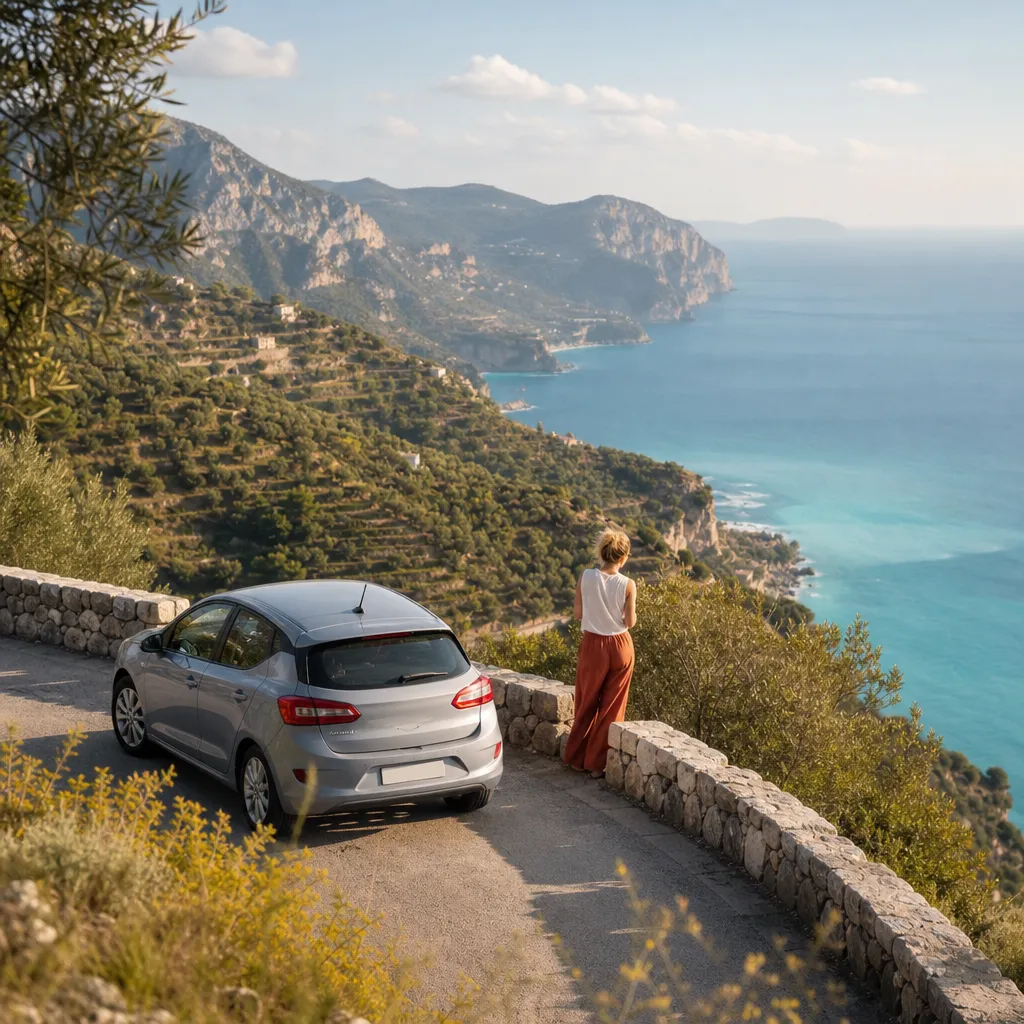 Hyrbil parkerad vid en utsiktsplats på en bergsväg på Mallorca med terrasserade olivlundar och turkost hav i bakgrunden