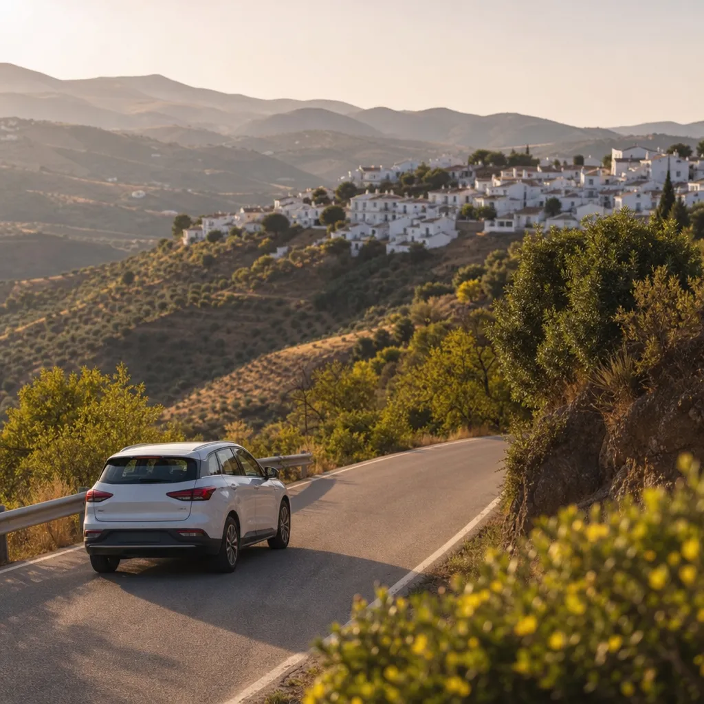 Hyrbil på slingrande landsväg i soligt andalusiskt kullandskap med en vitkalkad by i bakgrunden