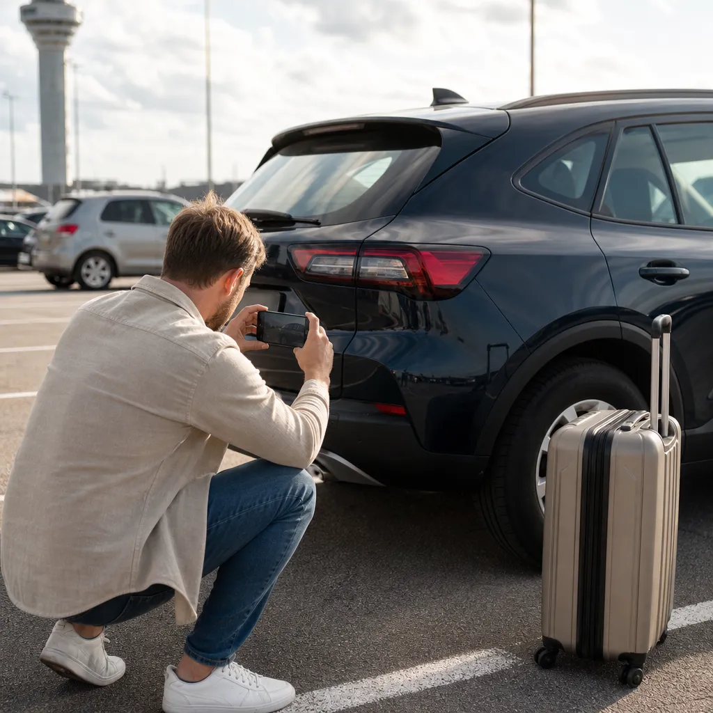 Resenär som fotograferar hyrbilens kaross med mobilen vid upphämtning