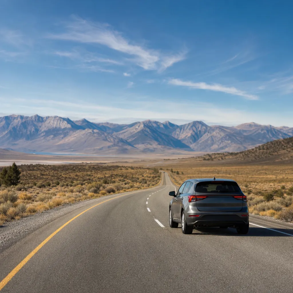 Hyrbil på öppen amerikansk motorväg genom vidsträckt landskap