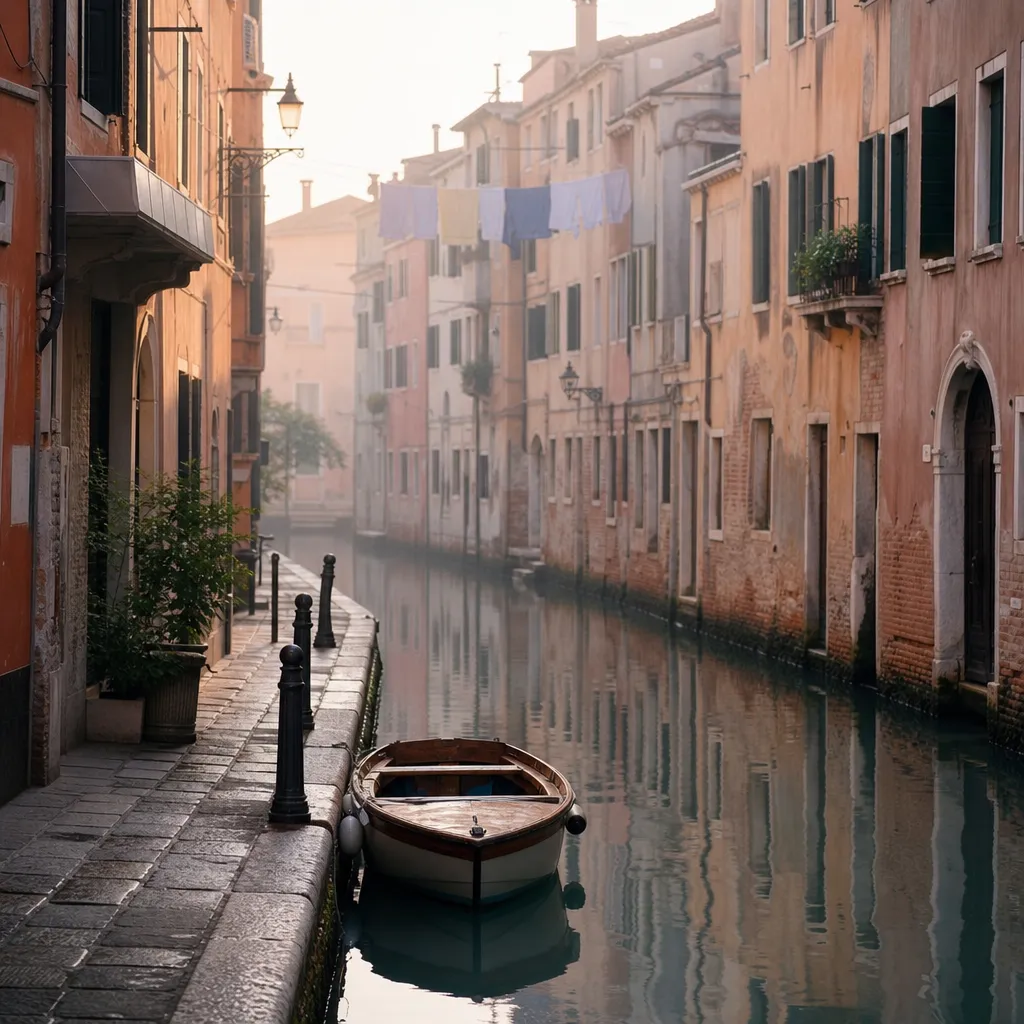 Smal kanal i Venedig tidigt på morgonen med en förtöjd träbåt och pastellfärgade husfasader