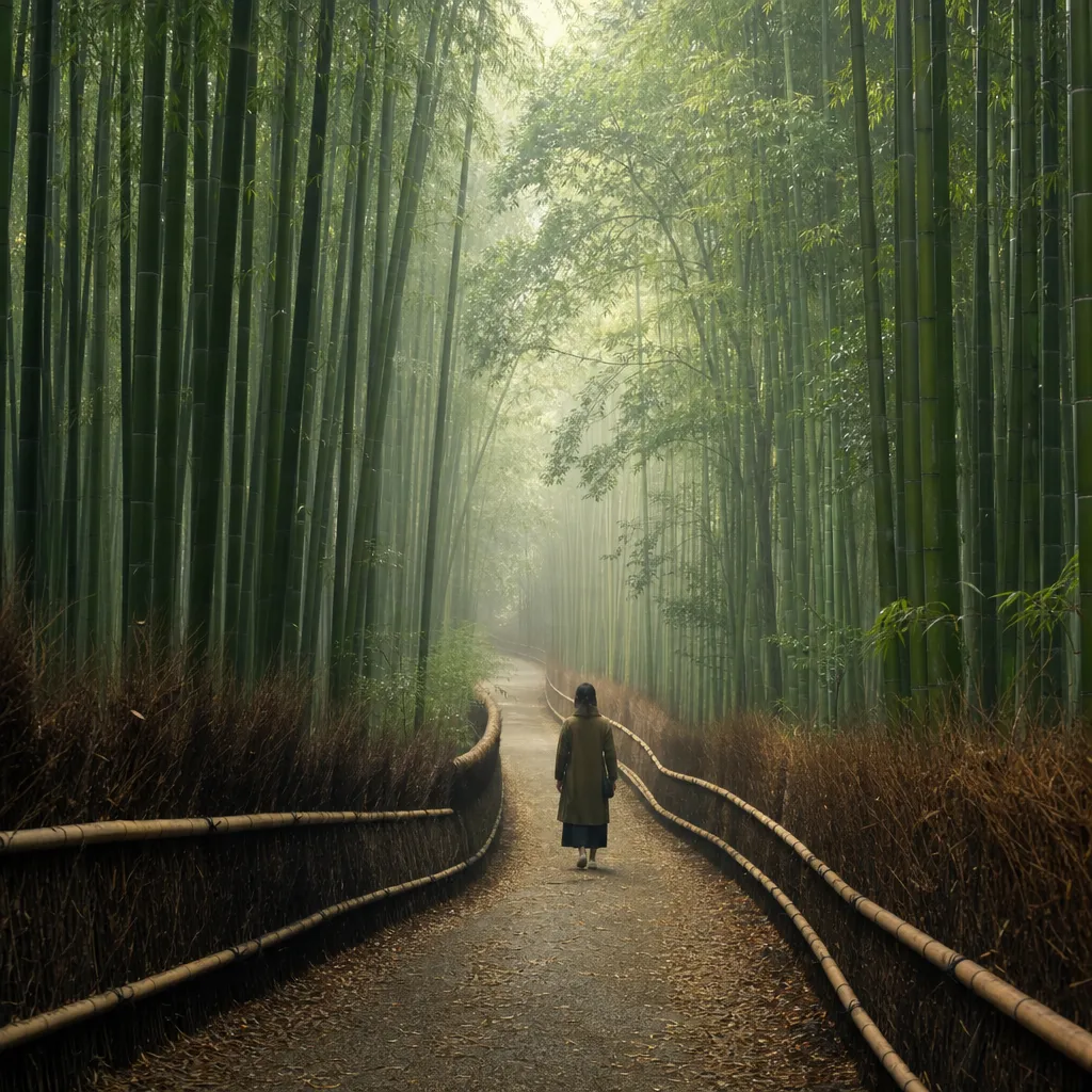 Stig genom en tät bambuskog i Kyoto-trakten tidigt på morgonen