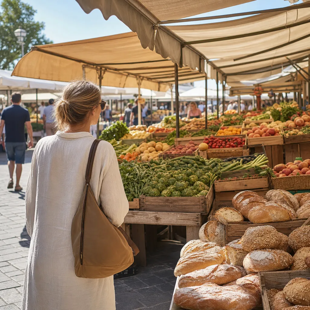 Resenär tittar på frukt- och grönsaksstånd på en solig utomhusmarknad