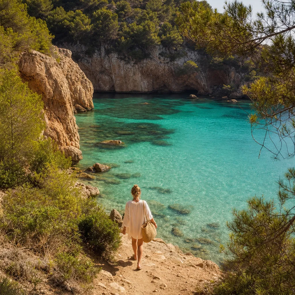 Avskild cala på Mallorca med kristallklart turkost vatten och en person som går ner mot stranden på en klippstig