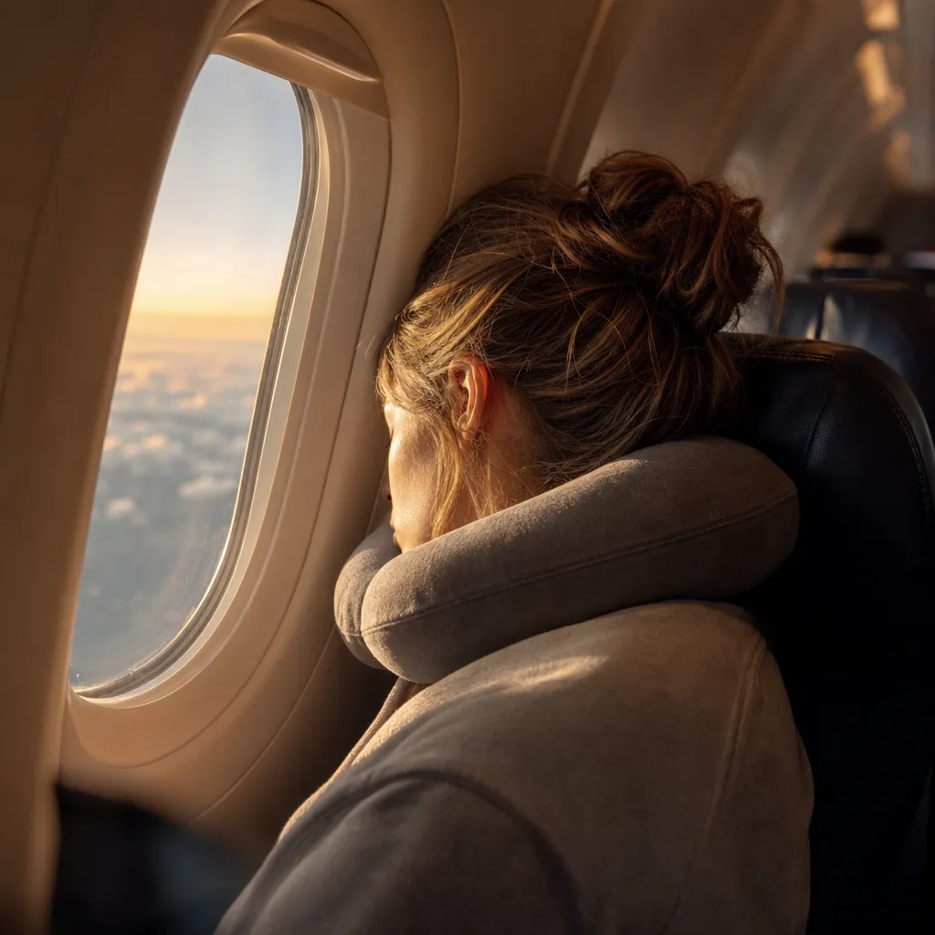 Resenär slumrar mot ett flygplansfönster med en nackkudde runt halsen