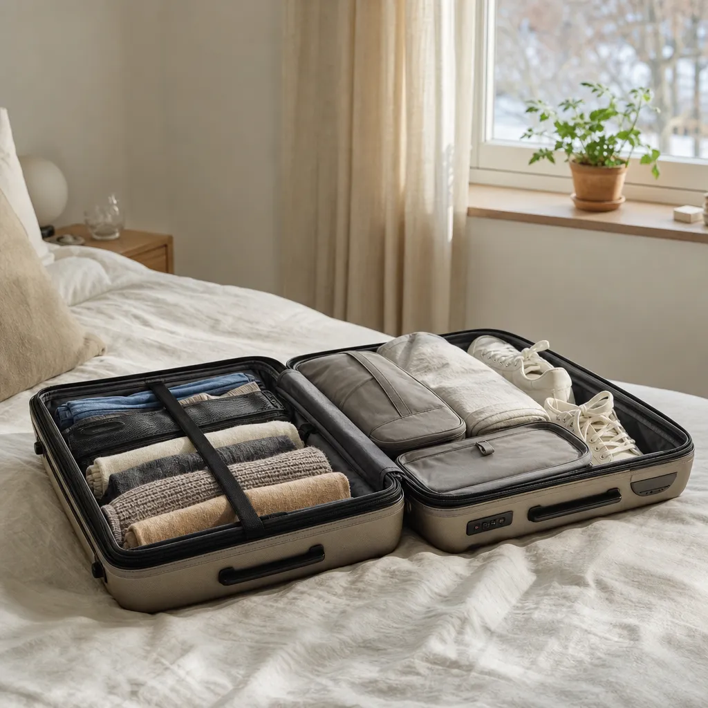 Öppen resväska packad med hoprullade kläder och packkuber inför en resa