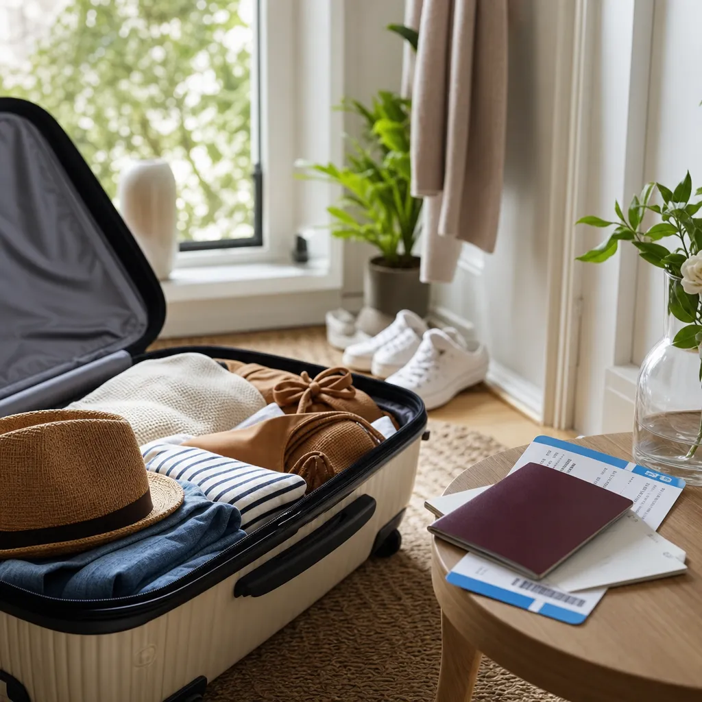 Packad resväska med boardingkort och pass redo inför en charterresa