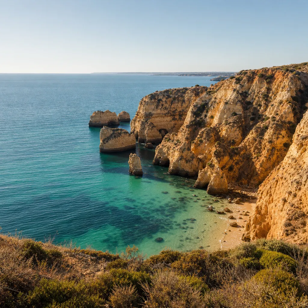 Dramatiska gyllenbruna klippformationer och turkost vatten längs Algarvekusten i Portugal