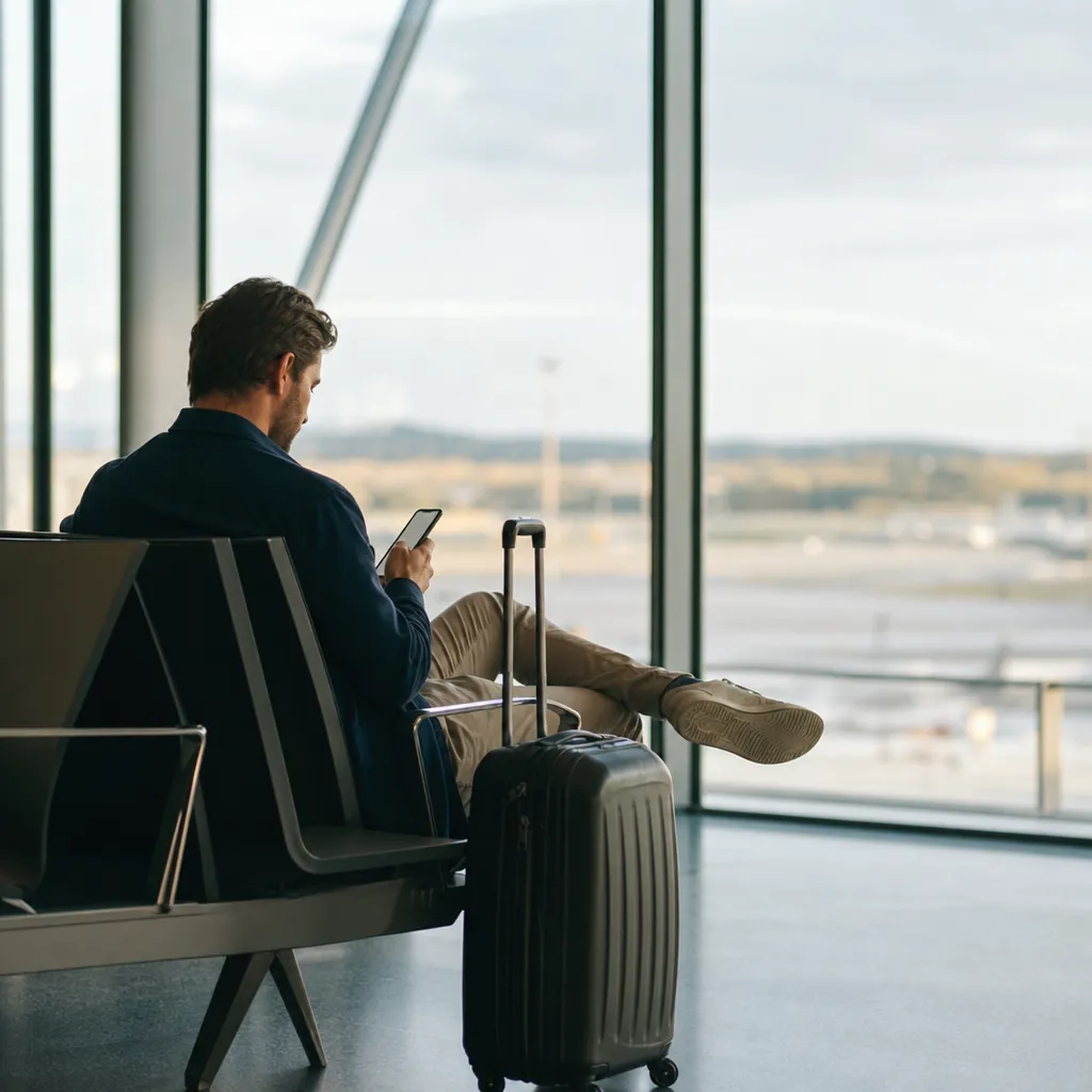 Resenär väntar lugnt vid ett tomt gate-område på en flygplats