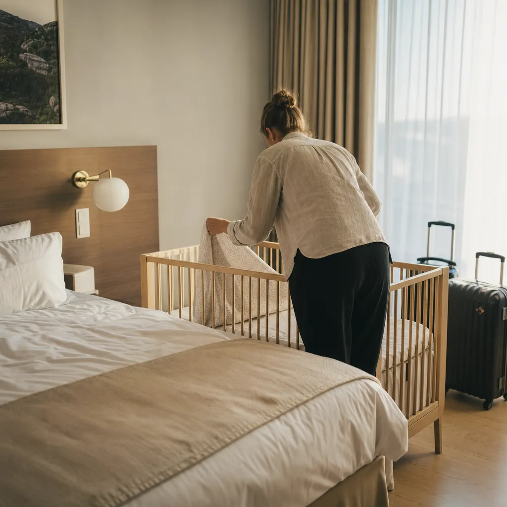 Förälder som bäddar en spjälsäng i ett hotellrum inför en familjeresa med bebis
