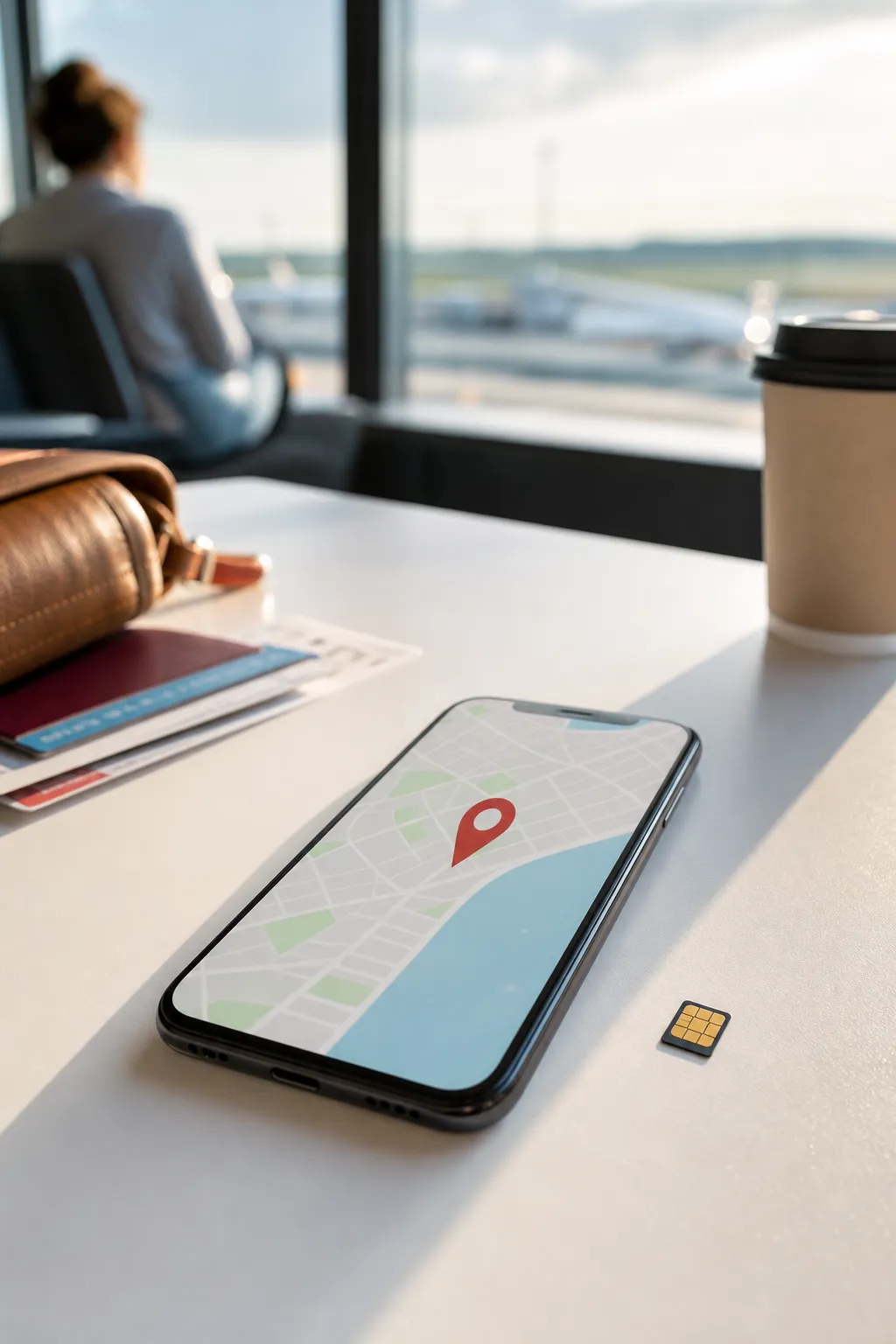 Pass, mobiltelefon och ett SIM-kort utlagda på ett bord i flygplatsens avgångshall